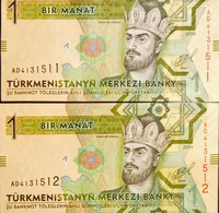 Turkmenistan 1 Manat  Unc 2014 2 Pcs Consecutive Number - Turkménistan