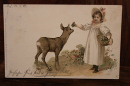 CPA Ak 1903 Illustrateur Postcard Animée Litho Biche Faon Enfant Fleurs Kunst Nature München Kind - Other & Unclassified