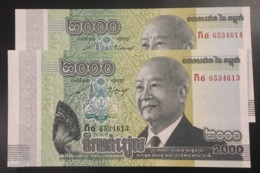 2 Cambodia Cambodge Kampuchea UNC 2000 2,000 Riels Consecutive Banknotes 2013 - Cambodge