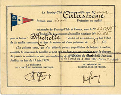 1937 NAUTISME TOURING CLUB DE FRANCE CARTE NOMINATIVE Pavillon Nautique Bateau Michelle  Calastreme Louis - Collections