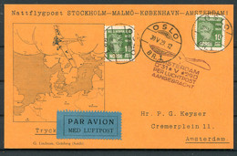 1929 Norway Oslo - (Stockholm - Malmo - Copenhagen) - Amsterdam Netherlands Night Flight Postcard - Cartas & Documentos