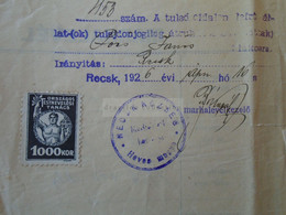 ZA323A1  Hungary  1926 Revenue Stamp Országos Testnevelési Tanács 1000 Korona Recsk Heves M. 2000 Korona Stationery - Fiscaux