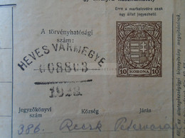 ZA323A2  Hungary  1923 Revenue Stamp   Recsk Heves M. 10  Korona Stationery   Vieh Pass Marhalevel Cattle Pass - Fiscales