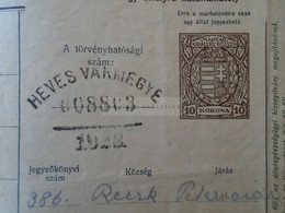 ZA323A2  Hungary  1923 Revenue Stamp   Recsk Heves M. 10  Korona Stationery   Vieh Pass Marhalevel Cattle Pass - Fiscaux
