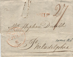 BELGIQUE - NEW YORK + SHIP ROUGE + TAXE MANUSCRITE 27 SUR LETTRE D'ANVERS POUR PHILADELPHIE, 1805 - 1794-1814 (Periodo Francese)