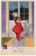 Jenny Nyström God Jul Noël Jolie CPA 1930 Suède Fille Enfant Robe Rouge Fleurs Cadeau Mode Scandinave Fillette A70-81 - Kerstman