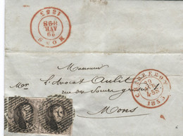 BELGIQUE MEDAILLON N°6 PAIRE (LD) P25 CHARLEROY SUR LETTRE SANS CORRESPONDANCE POUR MONS, 1855 - 1851-1857 Medaillen (6/8)