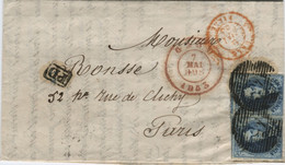 BELGIQUE MEDAILLON N°7 PAIRE P45 GAND SUR LETTRE AVEC CORRESPONDANCE POUR PARIS, 1853 - 1851-1857 Medallones (6/8)