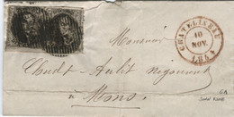 BELGIQUE MEDAILLON N°6A PAIRE (AU FILET HAUT GAUCHE) P26 CHATELINEAU SUR LETTRE SANS CORRESPONDANCE POUR MONS, 1854 - 1851-1857 Medallions (6/8)
