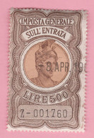 ITALIA Revenue Fiscali Tax Bollo IGE Imposta Generale Entrata -  500 Lire Usato - Revenue Stamps