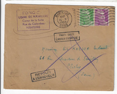 NANTERRE Lettre Gandon 10F Lilas 5F Vert Ob Meca Det Clichy Retour à L'envoyeur Parti Sans Adresse Ob 1949 Yv 811 809 - 1961-....