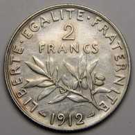 ASSEZ RARE 2 Francs Semeuse, 1912, Argent - III° République - 2 Francs