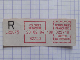 Colombes Principal 92700 - 29-02-84 - G1 PC 92025 Tarif 22.10 Lettre Recommandée LR2675 - 1981-84 LS & LSA Prototipi