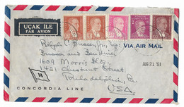 H/Concordia Line İskenderun Cancel Turkey 1951 Registered Cruise Line Air Mail Cover To United States. Nice Stamps. Rare - Airmail