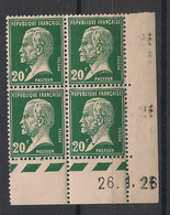 FRANCE - 1926 - N°Yv. 234 - Pasteur 20c Vert - Bloc De 4 Coin Daté - Neuf *  Quasi ** / MH VF - ....-1929
