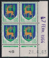 BLASON GUERET - N°1351B - BLOC DE 4 TIMBRES - COIN DATE - DU 28-6-1963 - COTE 1€ - 2e DATE AU TAMPON 7-1-1964 ???? - 1970-1979