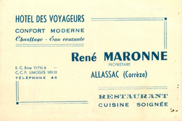 Allassac * Hôtel Des Voyageurs René MARONNE Restaurant Propriétaire * Carte De Visite Ancienne + Note Au Dos - Other & Unclassified