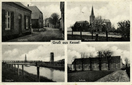 KESSEL, Goch, Panorama, Dorfstraße, Pfarrkirche, Schule, Viersufer (1950) AK - Goch