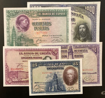 5 X EL BANCO DE ESPANA Banknotes, Madrid 15th August 1928, 1000, 500, 100, 50 And 25 Pesetas. - Collections
