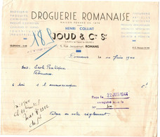 Droguerie : Droguerie Romanaise : Henri Colliat - Joud & Cie Sr : ROMANS Sur ISERE - Drôme : Publicité : 1944 - Droguerie & Parfumerie