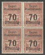 GERMANY / BAVARIA.  STATE RAILWAY. 70pf BLOCK OF FOUR. MOUNTED MINT. - Andere & Zonder Classificatie