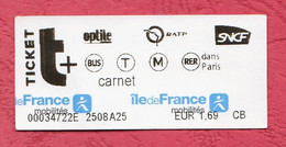 France , Ile De France Paris-   Metro' Ticket Used On 13.2.2022- Serial N° 00034722E - Europe