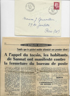 FRANCE CHEFFER 40C ROULETTE LETTRE 23 SANNAT CREUSE 30.8.1969 DERNIER JOUR DU BUREAU + ARTICLE - 1961-....