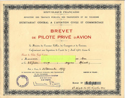 1957 AVIATION  RARE BREVET DE PILOTE "privé"  D AVION REPUBLIQUE FRANCAISE LIGNIERES Jacques VOIR SCANS - Diploma & School Reports