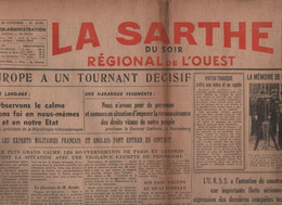 LA SARTHE DU SOIR 11 09 1938 - GUYNEMER LE BOURGET - HITLER - LINDBERGH MOSCOU - BENES TCHECOSLOVAQUIE - CHAVILLE - General Issues