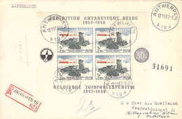 COB BL31 Sur Lettre RARE - Recommandé Obl à Antwerpen - Dessin Du Compas Par Hergé - Expédition Antartique Belge -1957 - Storia Postale