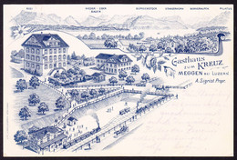 1900 Hotel Reklame AK: Gasthaus Zum Kreuz, Meggen, Mit Bahnhof. Stempel Goldau Nach St. Gallen. MEGGEN Boite Station In - Meggen