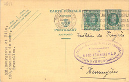 Entier Postal ( 2 Entiers Postaux Sur Meme Carte ) 1927 - 20c Et 10 C - Oblitéré à Bruxelles Et Flamme Pour Hennuyères - Postales [1909-34]