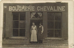 Delcampe - Themes Div-ref KK782- Carte Photo -commerce - Magasins - Devanture Magasin Boucherie Chevaline - - Geschäfte