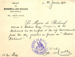 Bihorel Les Rouen * Remerciements De Mr Le Maire + SIGNATURE Sur Lettre Mairie , à Mme Leray Pr Secours National - Bihorel