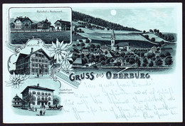 1901 Mondschein Litho AK: Gruss Aus Oberburg. 4 Bildrig. Mit Bahnhof, Schulhaus, Gasthaus Zum Goldenen Löwen. Rückseitig - Oberburg