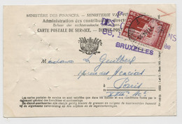 BELGIQUE - COB 387 1F ROUGE EXPOSITION DE BRUXELLES SUR CARTE DES CONTRIBUTIONS POUR LA FRANCE, 1934 - Other & Unclassified