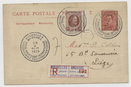 BELGIQUE - COB 138+202 SUR ENTIER CARTE POSTALE 15C VIOLET ALBERT 1ER OSTENDE-DOUER RECOMMANDE BRUXELLES EXPOSITION PHIL - Tarjetas 1909-1934