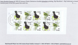 Ireland Birds Definitives 1999 (Jan) 30p Blackbird + 30p Goldcrest Phosphor, Booklet Pane Of 10 Fine Used - Usados