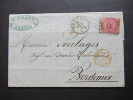 Italien 1863 / 73 Nr.20 EF Nr.Stempel 13 Und K1 Genova Faltbrief Mit Inhalt Nach Bordeaux Roter K2 Italie AMB M Cenis - Marcophilie