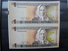 Uncuted UNC Double Banknotes Lithuania 1 Litas 1994 P-53 Writer Zemaite Church - Lithuania