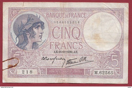 5 Francs "Violet" Du 21/09/1939.A.E---ALPH .M.62585--- Dans L 'état - - 5 F 1917-1940 ''Violet''