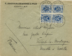 BELGIQUE - COB 285 50C BLEU LION HERALDIQUE BLOC DE 4 TETE BECHE SUR LETTRE POUR LA FRANCE, 1934 - Storia Postale