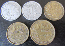 France - 5 Monnaies Modernes - 1 Franc 1944 B X 2 / 20 F Guiraud 1950 B, 1953 B / 50 F Guiraud 1951 B - Collections