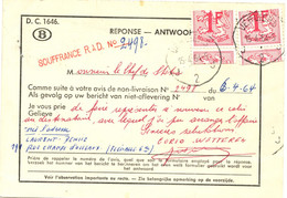 BELGIQUE - COB 1027B 1F ROUGE LION HERALDIQUE X2 DECOUPE A CHEVAL SUR CARTE, 1964 - Storia Postale