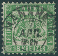 BADEN 21a O, 1862, 18 Kr. Grün, Zentrischer K2 MANNHEIM, Kleine Korrektur Sonst Pracht, Fotobefund Flemming, Mi. 700.- - Bade