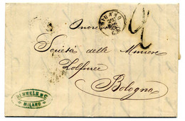 1861 Lettera Milano (Rummele & C.) Per Bologna Annulli Alessandria E Bologna - ...-1850 Préphilatélie