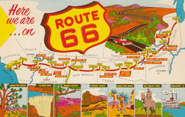 Route 66 Map Across US Chicago To Los Angeles, C1950s/60s Vintage Postcard - Ruta ''66' (Route)