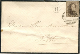 BELGIQUE - N°13A OBL. A BARRES DE DISTRIBUTION 4 + TAD CELLES + BOITE H SUR LETTRE DE LA BARONNE GILLES - 1863-1864 Medallones (13/16)