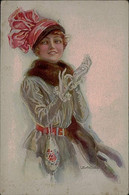 USABAL SIGNED 1910s POSTCARD - WOMAN WITH FUR AND RED HAT - N.307/3 (3080) - Usabal