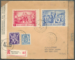 Lettre Recommandée Affr. à 4Fr. (dont Bonnes Valeurs) Obl. Sc BRUXELLES 1 Du 18-V-1945 Vers New York (USA) + Bande De Co - Brieven En Documenten